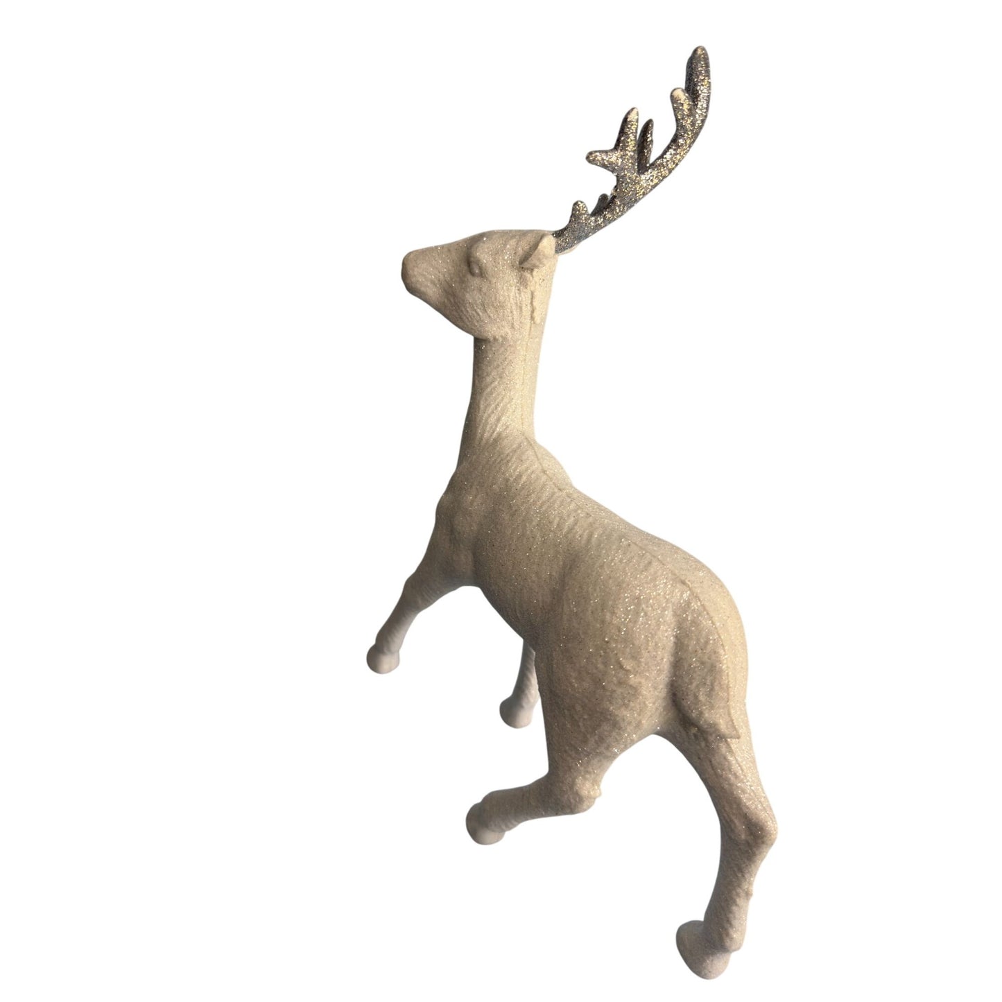 Glittery White Flocked Reindeer Figurine With Silver Antlers