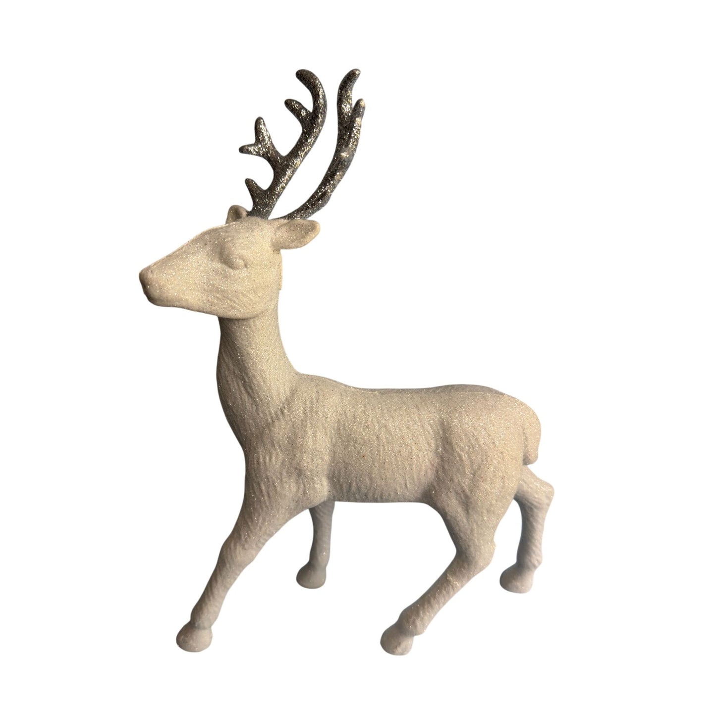 Glittery White Flocked Reindeer Figurine With Silver Antlers