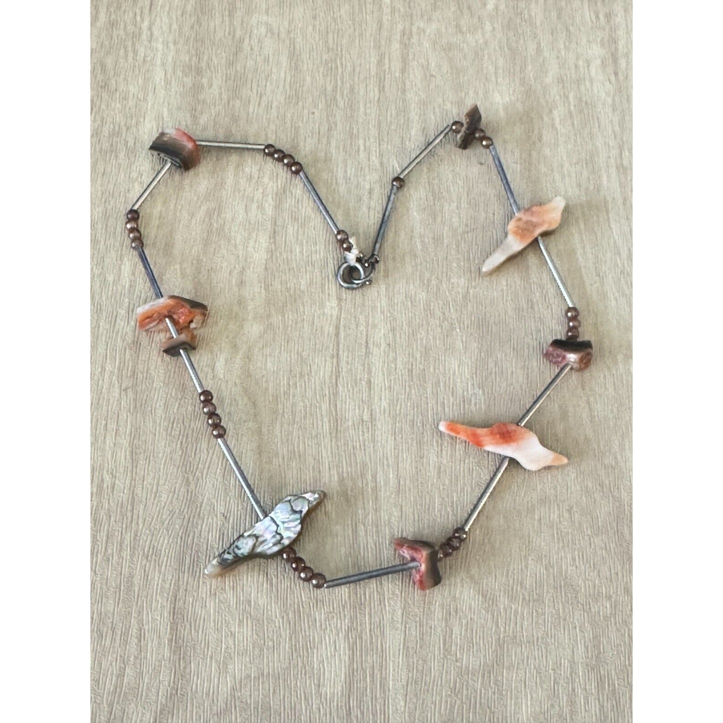 Vintage Southwestern Abalone Shell Bird Fetish Necklace With Brown Beads & Barrel Clasp