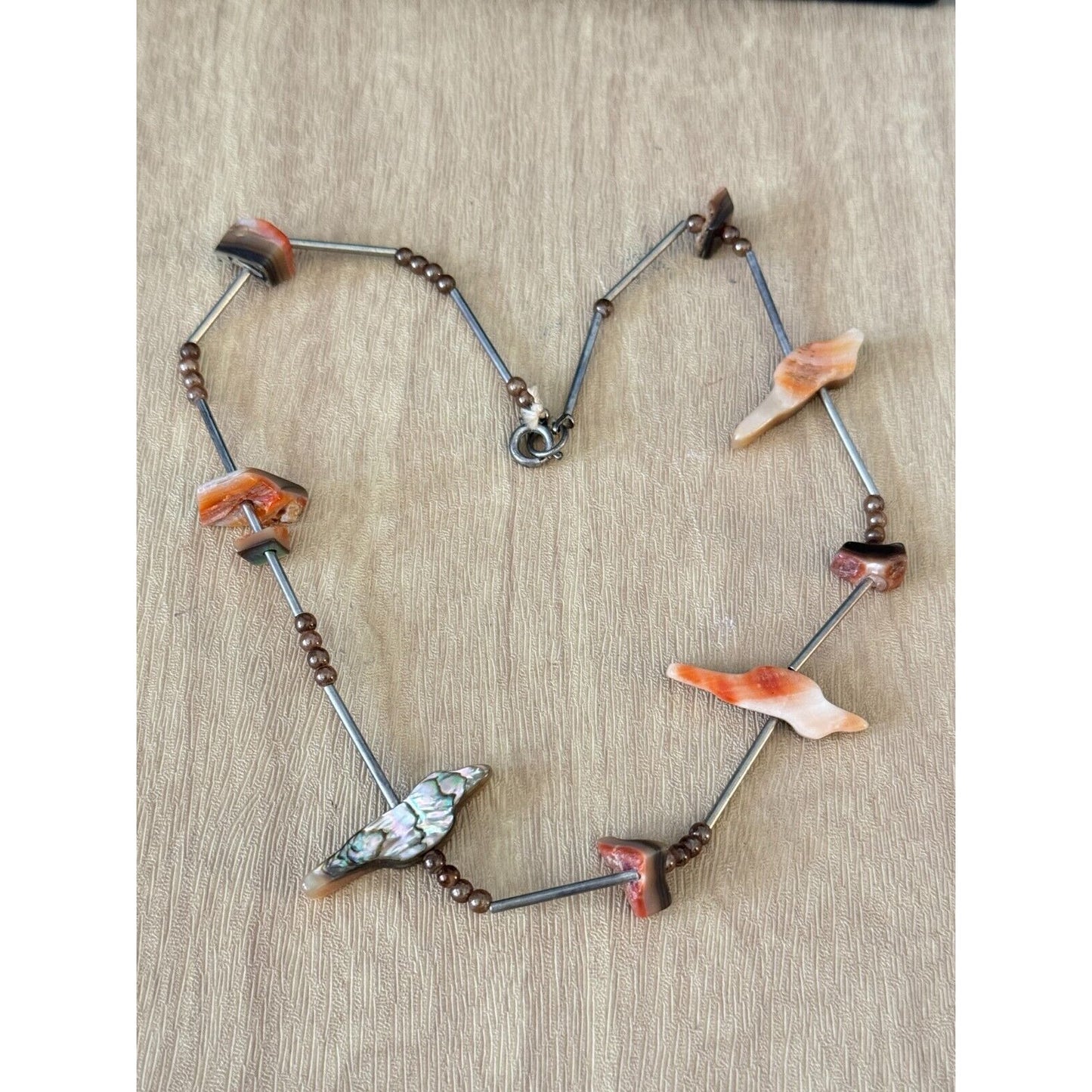 Vintage Southwestern Abalone Shell Bird Fetish Necklace With Brown Beads & Barrel Clasp