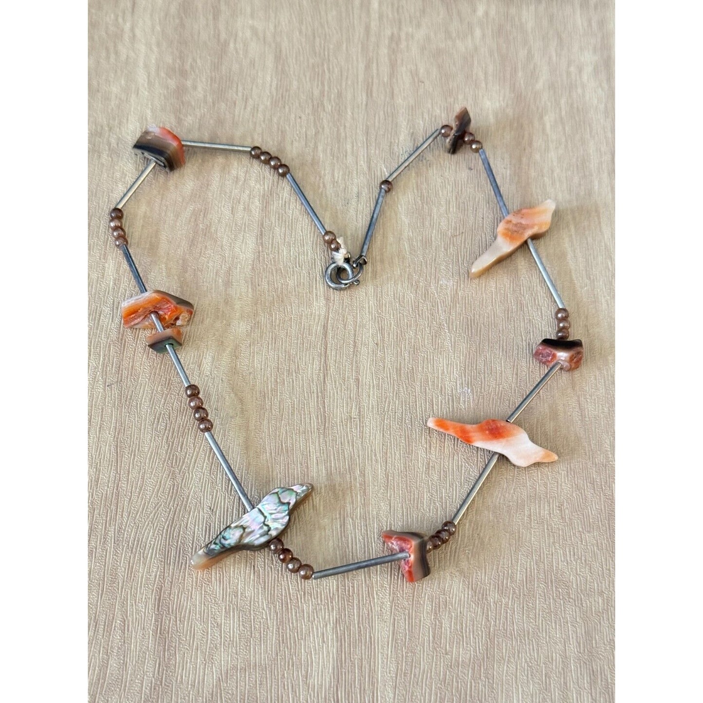Vintage Southwestern Abalone Shell Bird Fetish Necklace With Brown Beads & Barrel Clasp
