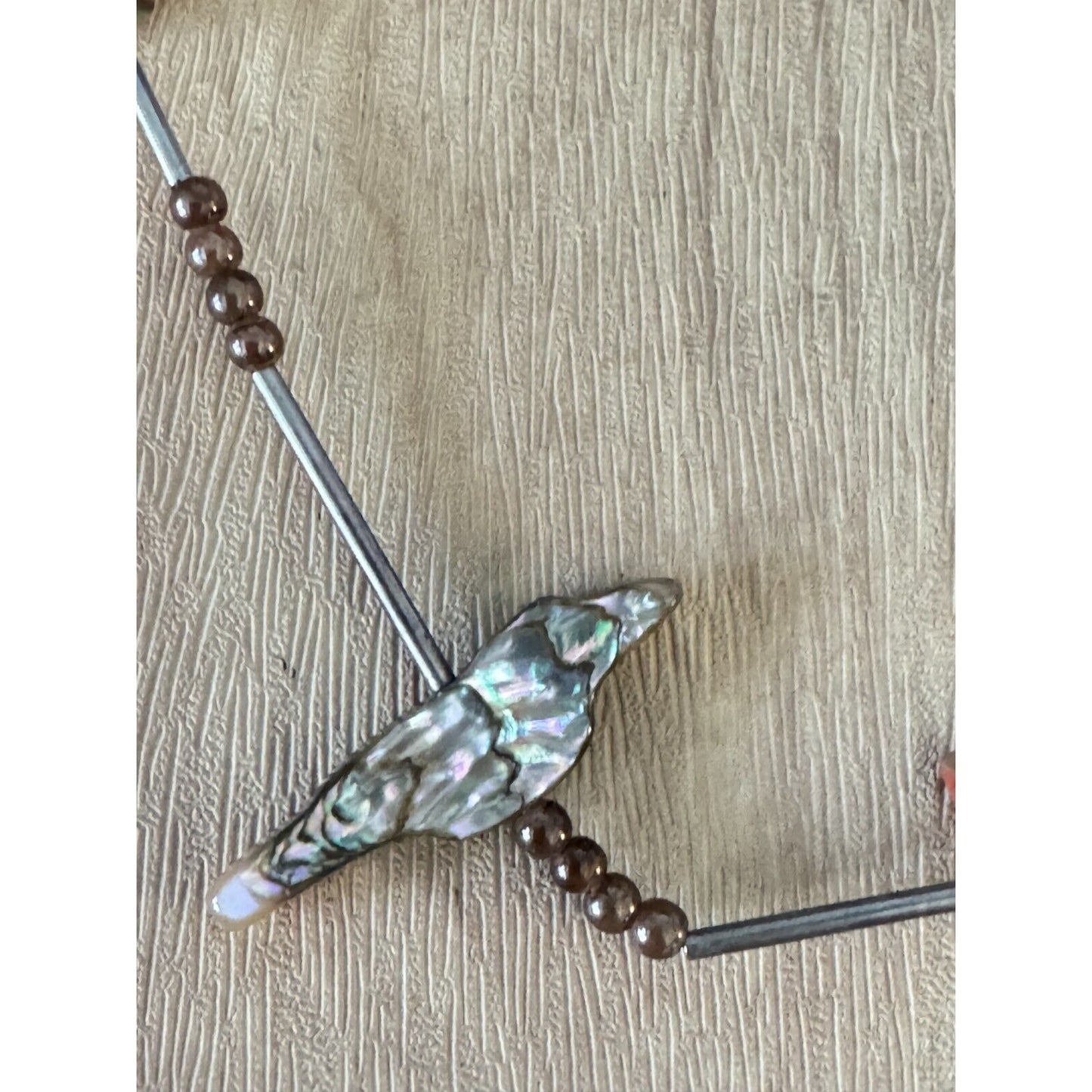 Vintage Southwestern Abalone Shell Bird Fetish Necklace With Brown Beads & Barrel Clasp