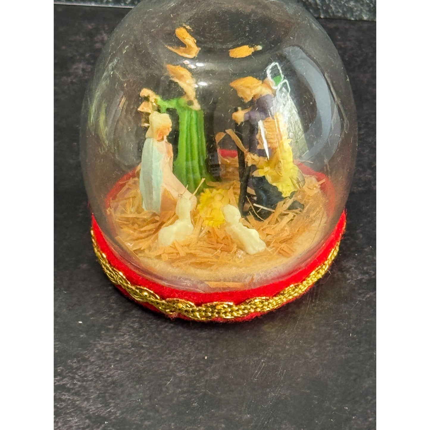 Vintage Nativity Scene Snow Globe With Red & Gold Base
