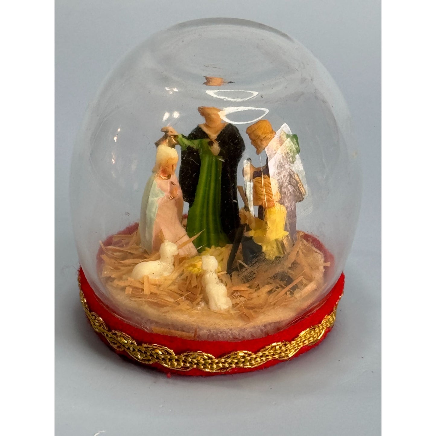 Vintage Nativity Scene Snow Globe With Red & Gold Base