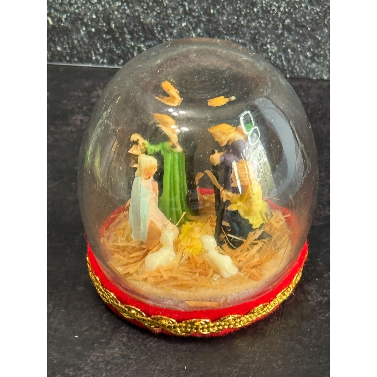 Vintage Nativity Scene Snow Globe With Red & Gold Base