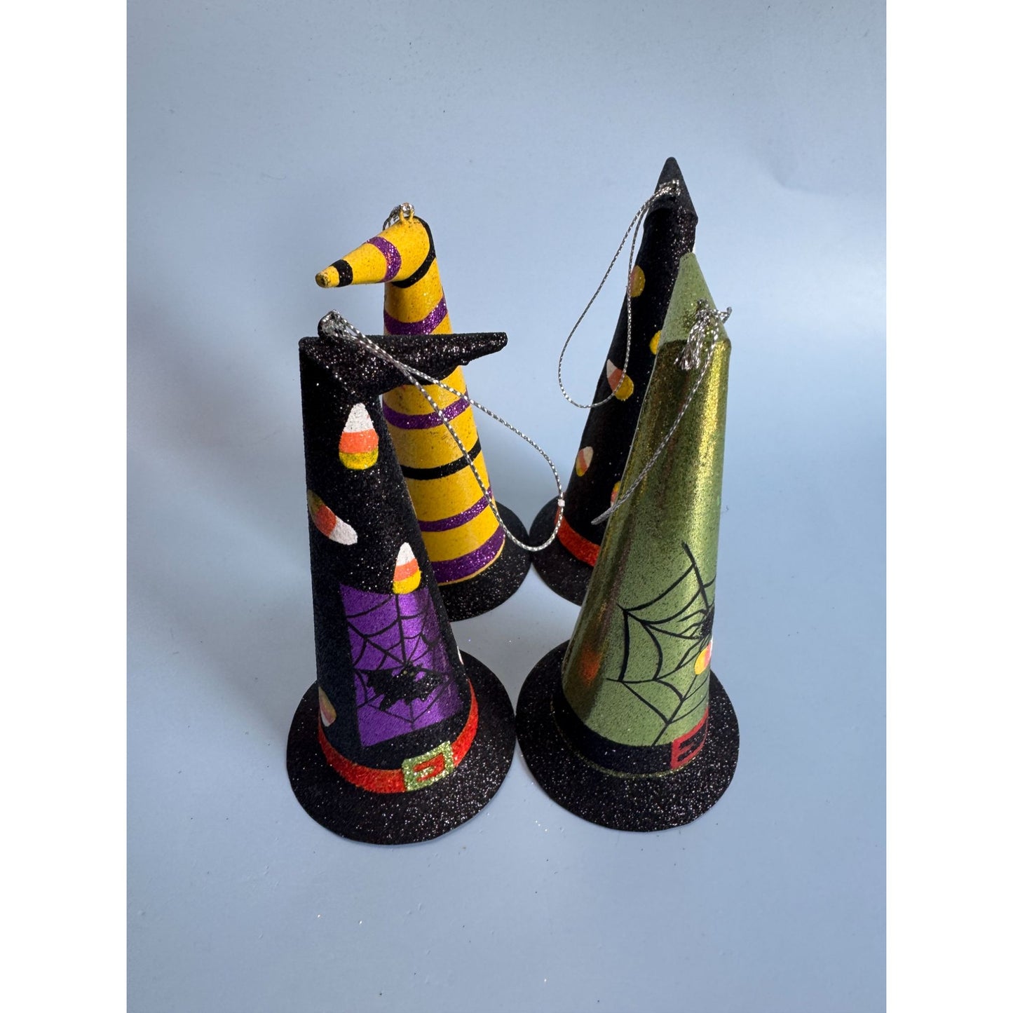 4 Witches Hat Halloween Metal Ornaments 6" With Glitter & Festive Designs