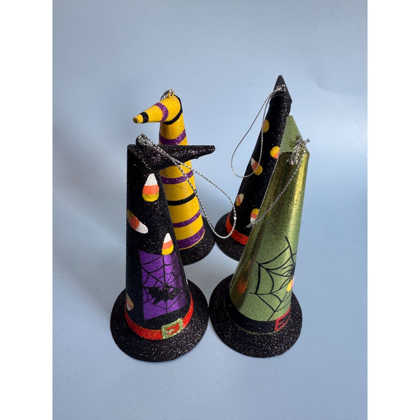 4 Witches Hat Halloween Metal Ornaments 6" With Glitter & Festive Designs