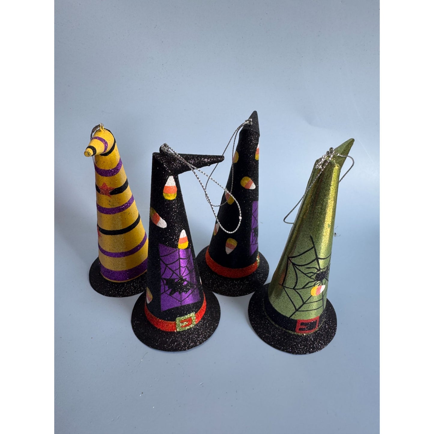 4 Witches Hat Halloween Metal Ornaments 6" With Glitter & Festive Designs