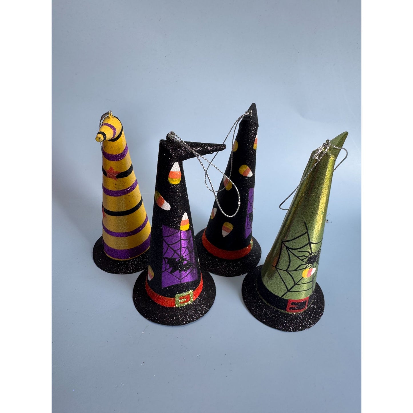 4 Witches Hat Halloween Metal Ornaments 6" With Glitter & Festive Designs