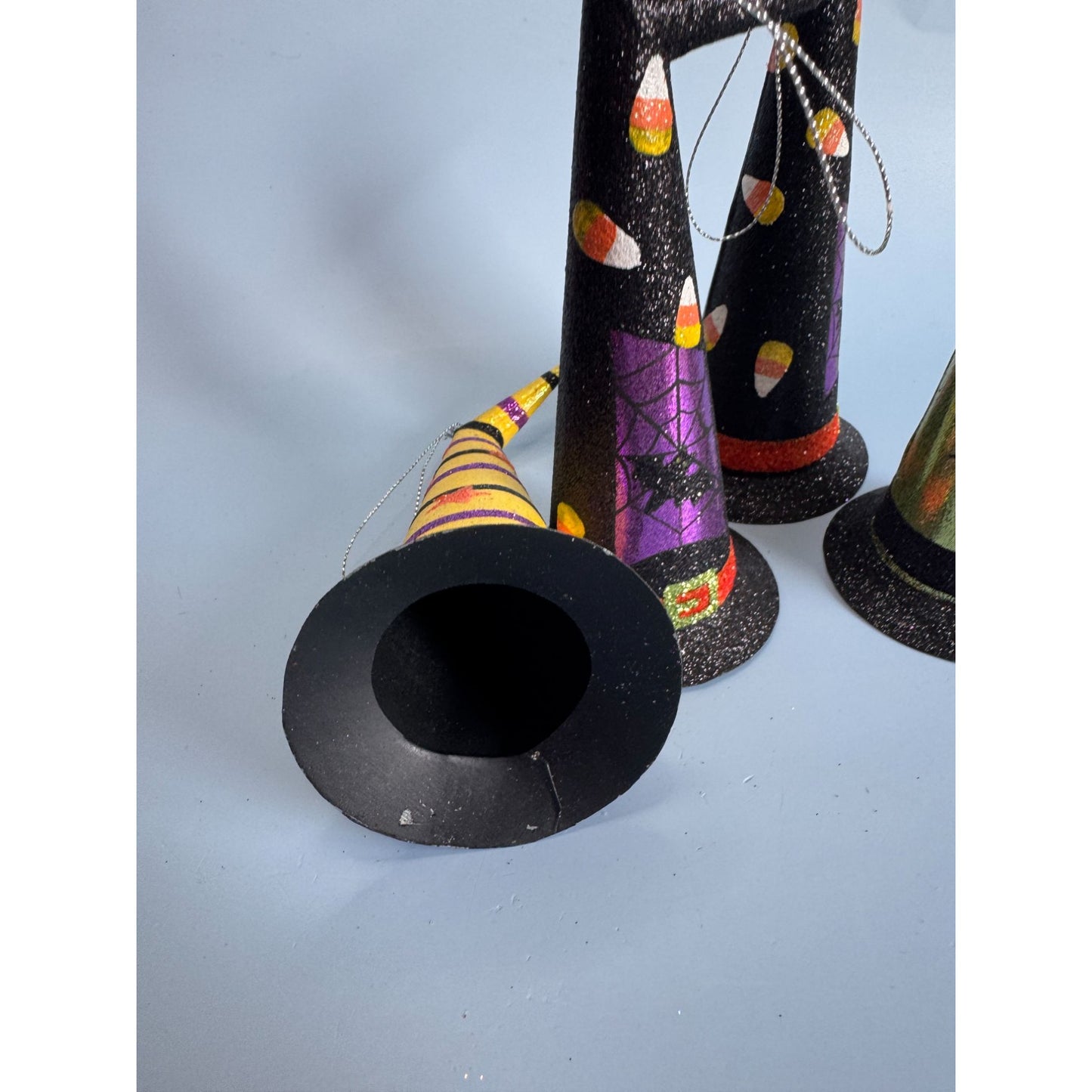 4 Witches Hat Halloween Metal Ornaments 6" With Glitter & Festive Designs