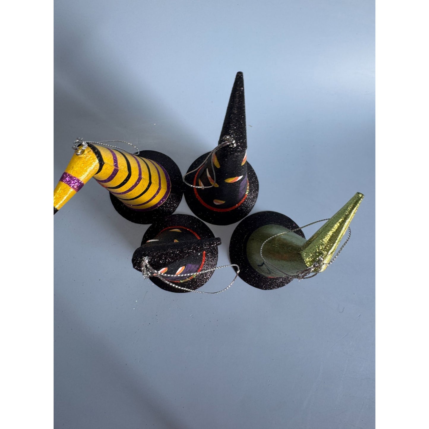 4 Witches Hat Halloween Metal Ornaments 6" With Glitter & Festive Designs