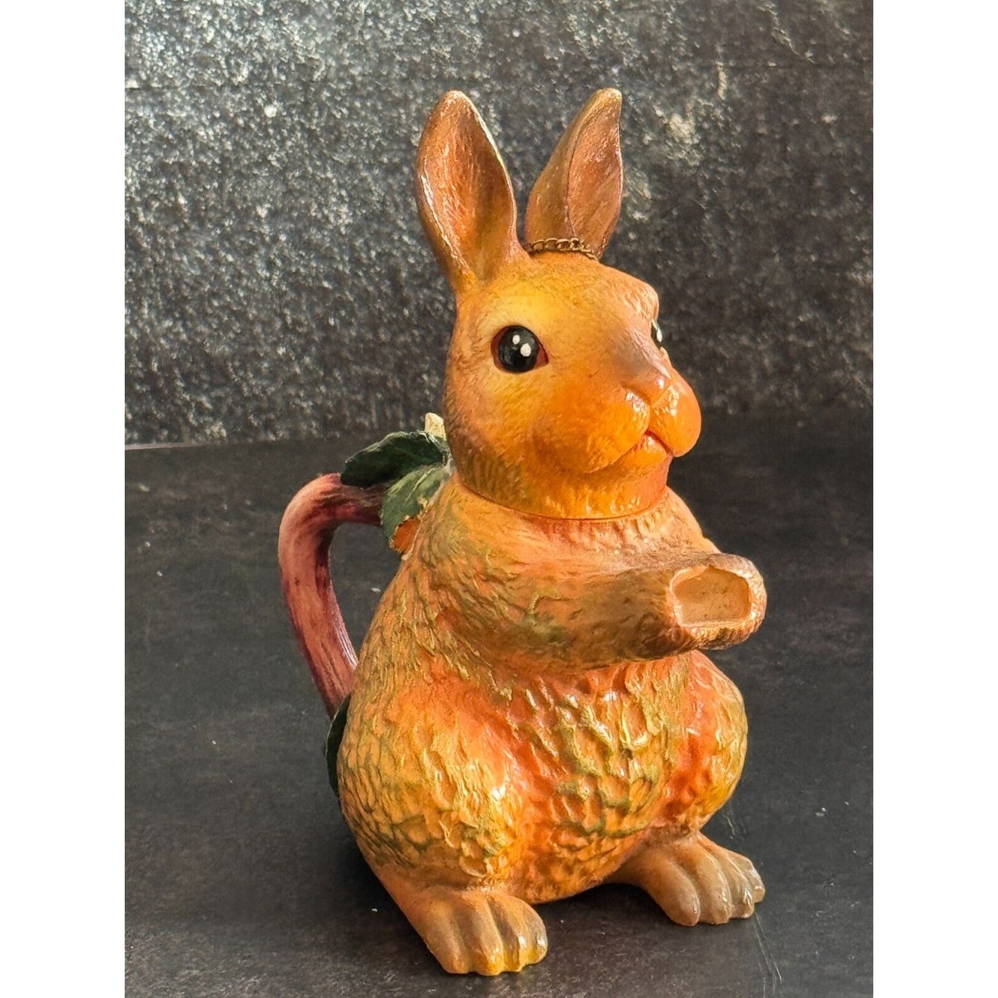 Mini Ceramic Rabbit Teapot With Sunflower Accent & Chain Lid 5" Tall Easter Spring Decor