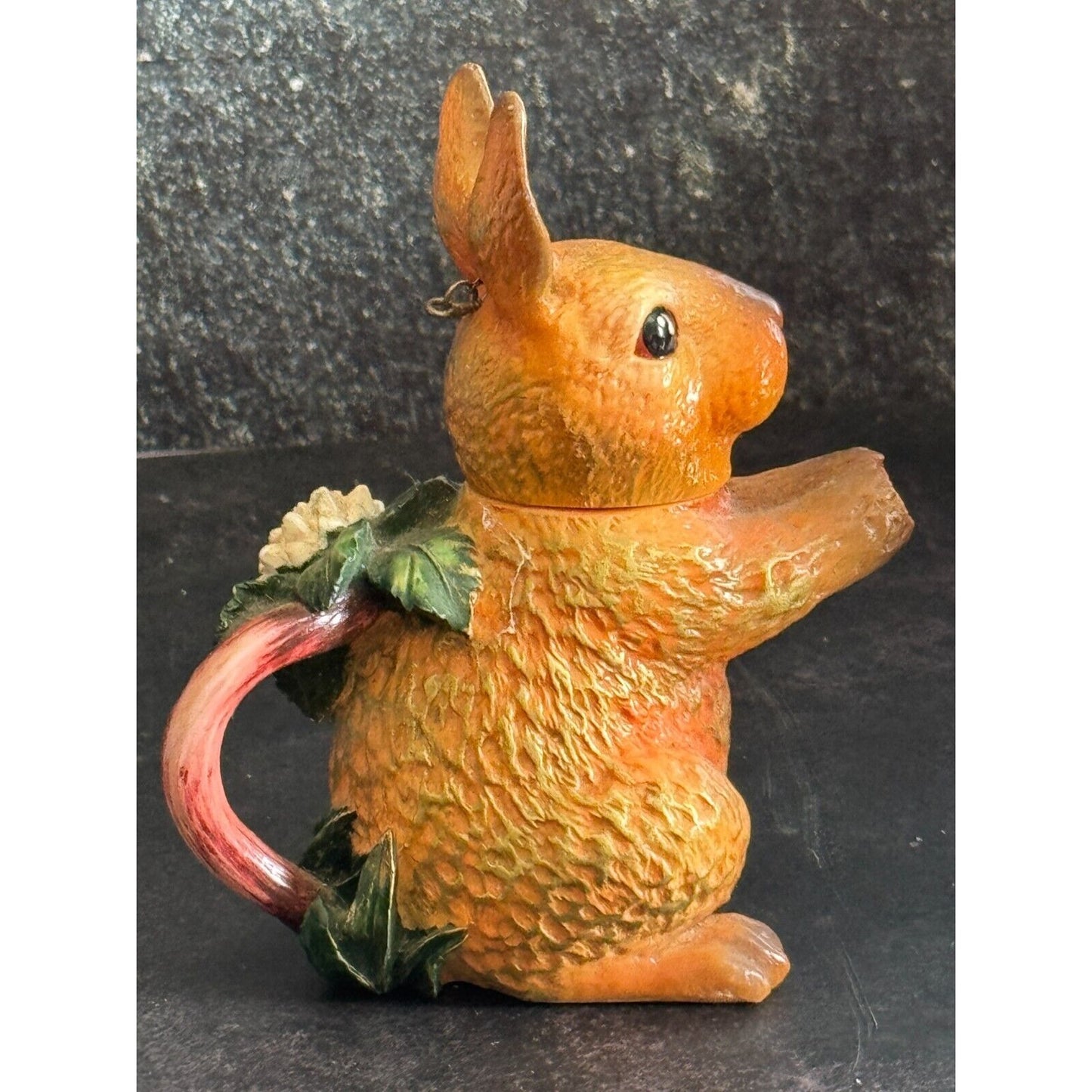 Mini Ceramic Rabbit Teapot With Sunflower Accent & Chain Lid 5" Tall Easter Spring Decor