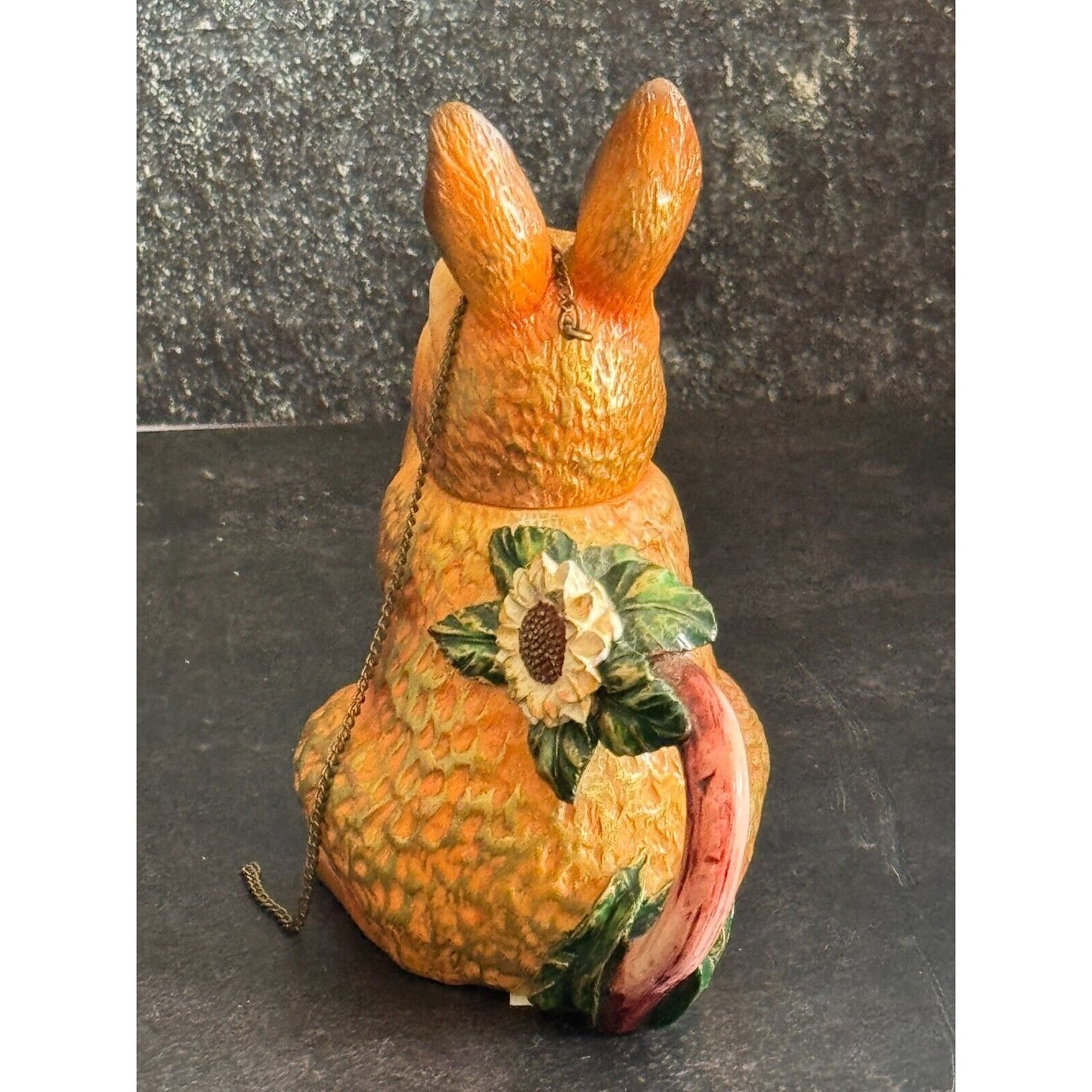 Mini Ceramic Rabbit Teapot With Sunflower Accent & Chain Lid 5" Tall Easter Spring Decor