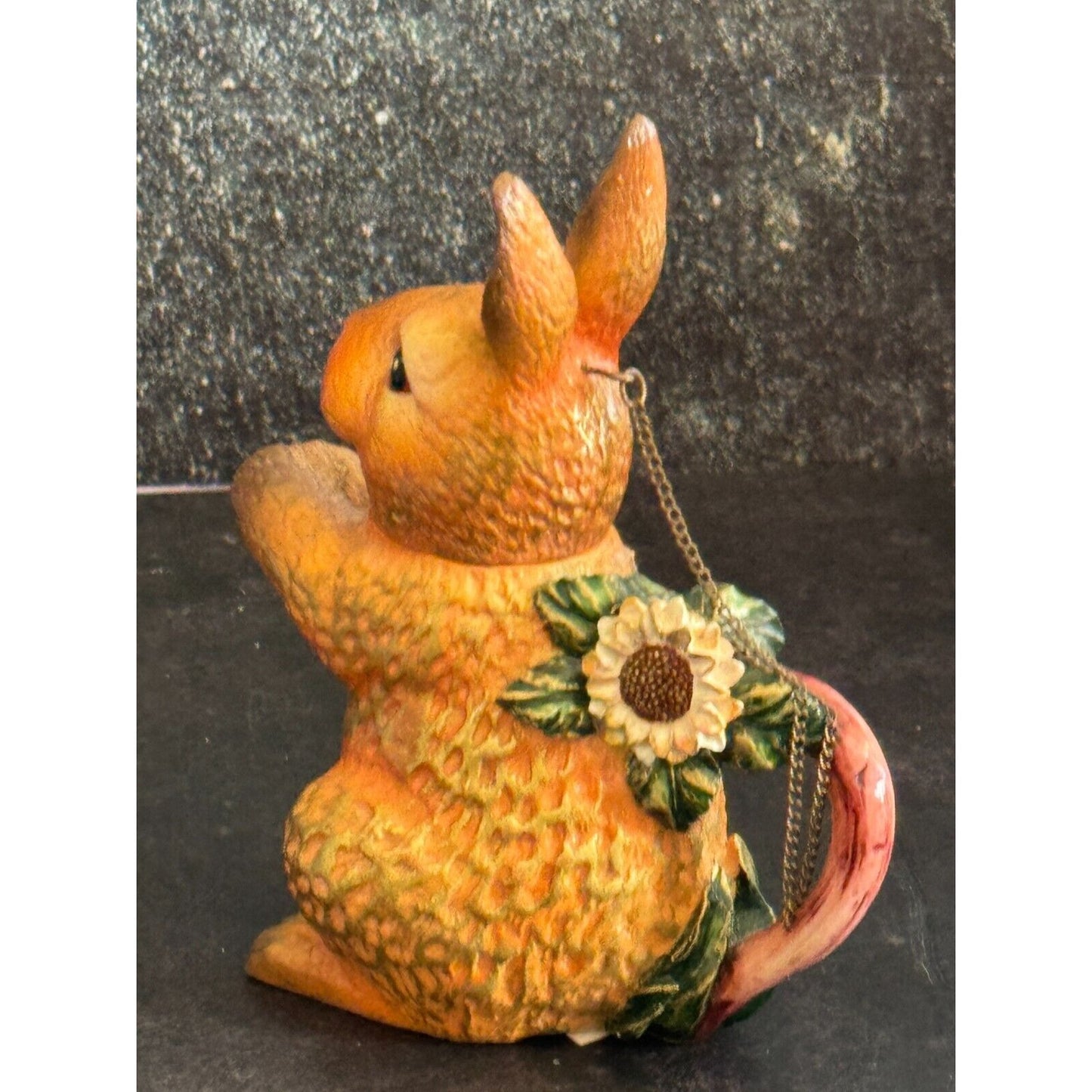 Mini Ceramic Rabbit Teapot With Sunflower Accent & Chain Lid 5" Tall Easter Spring Decor
