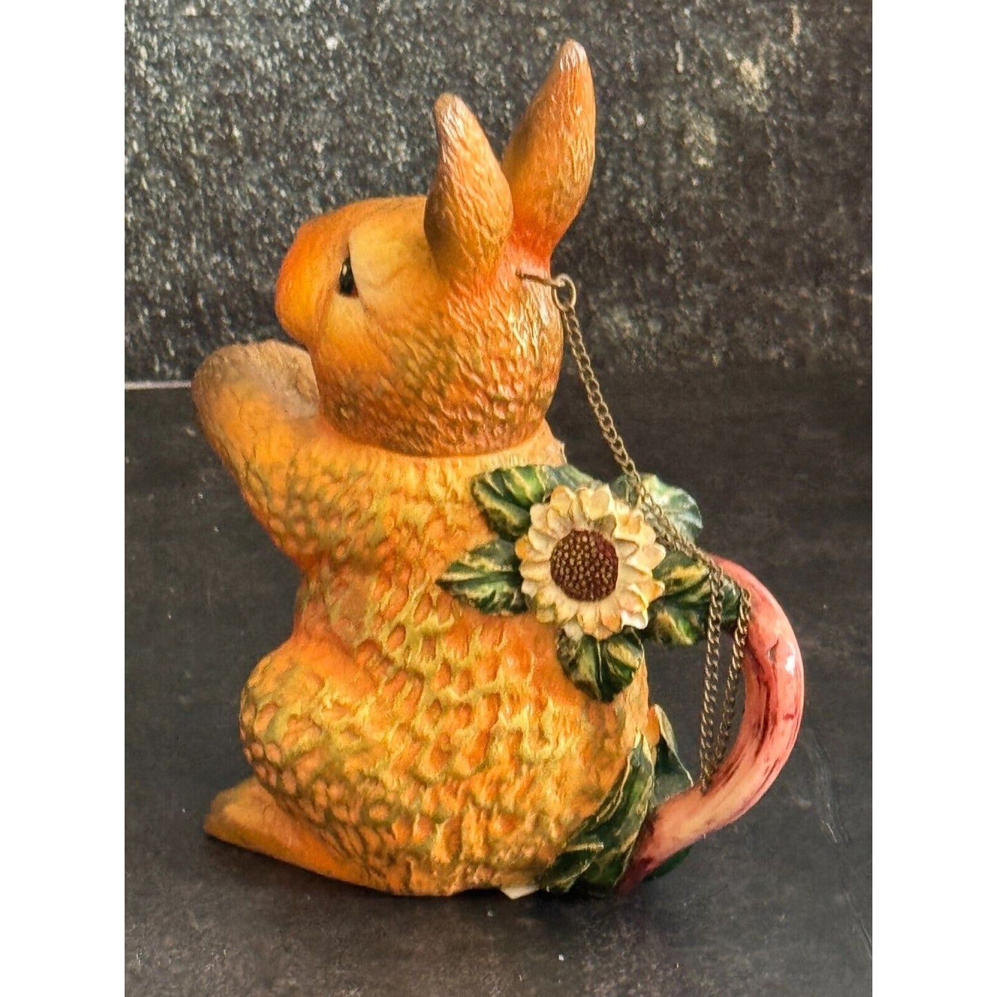 Mini Ceramic Rabbit Teapot With Sunflower Accent & Chain Lid 5" Tall Easter Spring Decor
