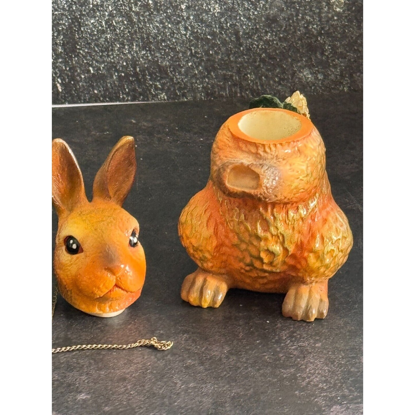 Mini Ceramic Rabbit Teapot With Sunflower Accent & Chain Lid 5" Tall Easter Spring Decor