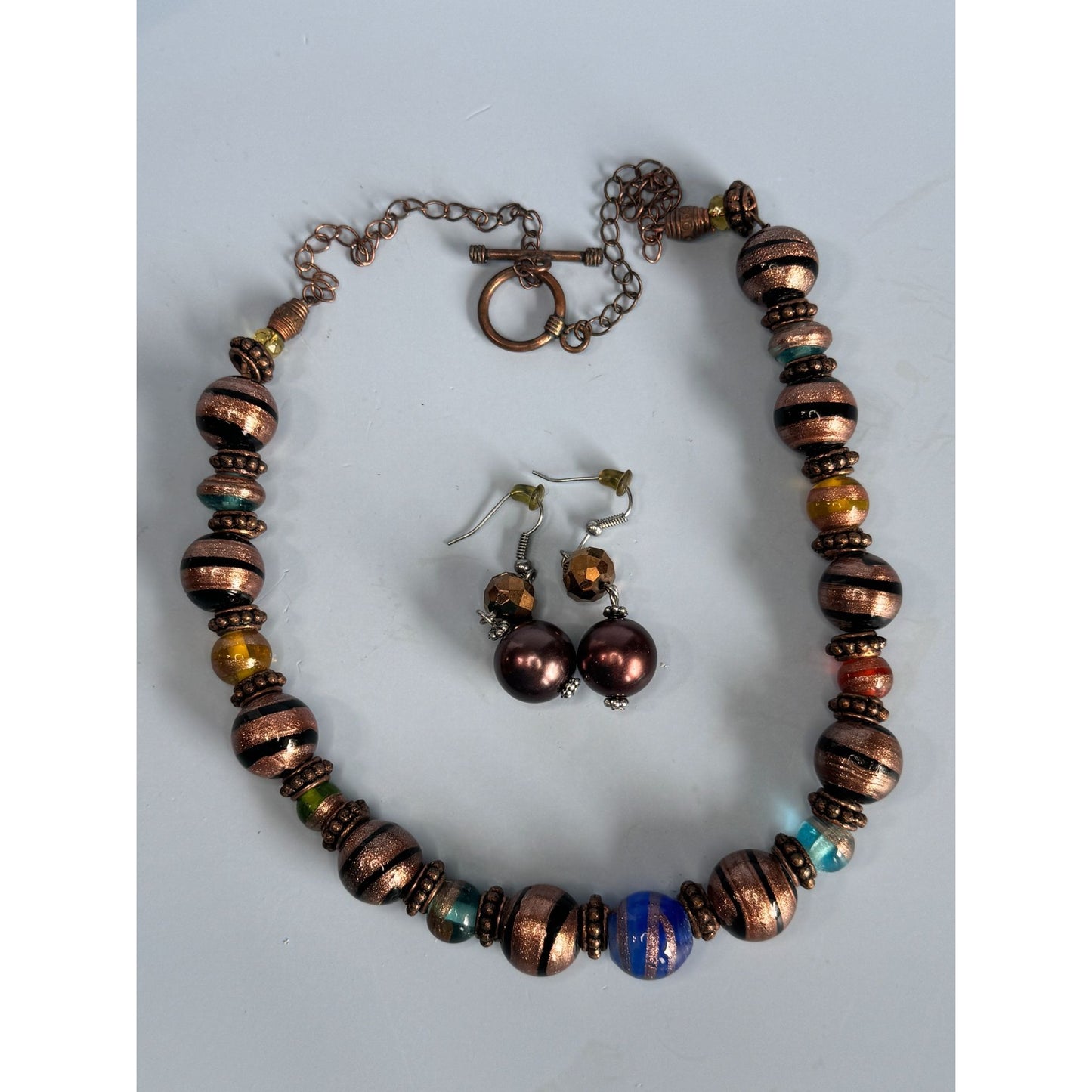Copper Blue Green Orange Venetian Glass Beaded Necklace & Earrings Set