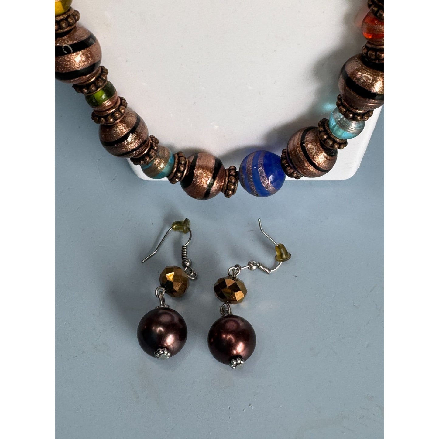 Copper Blue Green Orange Venetian Glass Beaded Necklace & Earrings Set