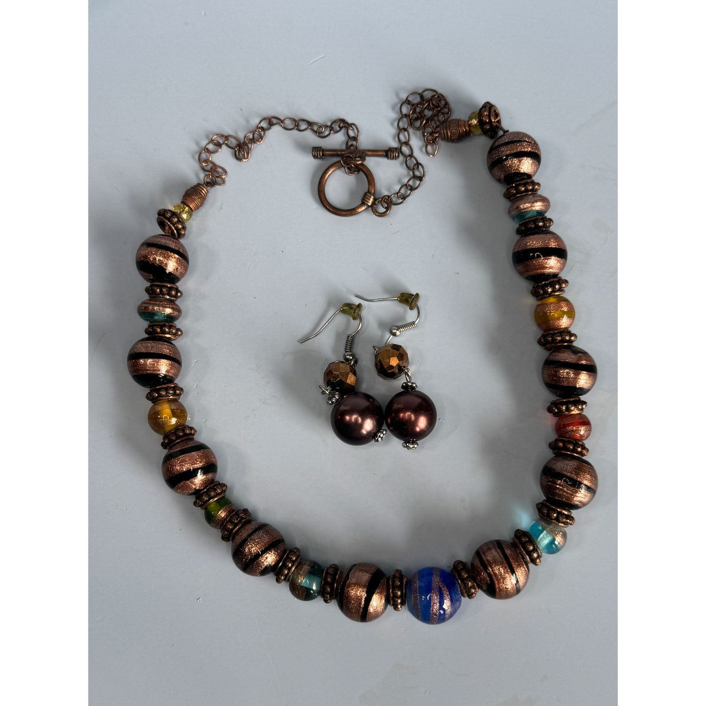 Copper Blue Green Orange Venetian Glass Beaded Necklace & Earrings Set