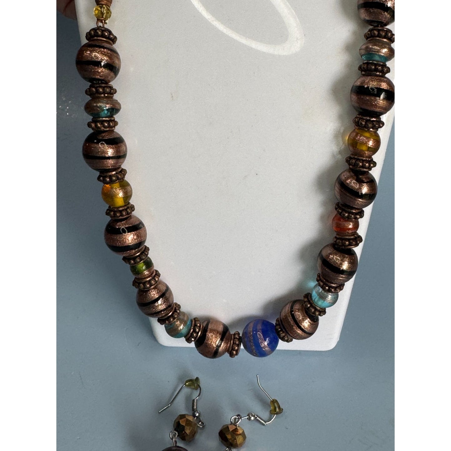 Copper Blue Green Orange Venetian Glass Beaded Necklace & Earrings Set