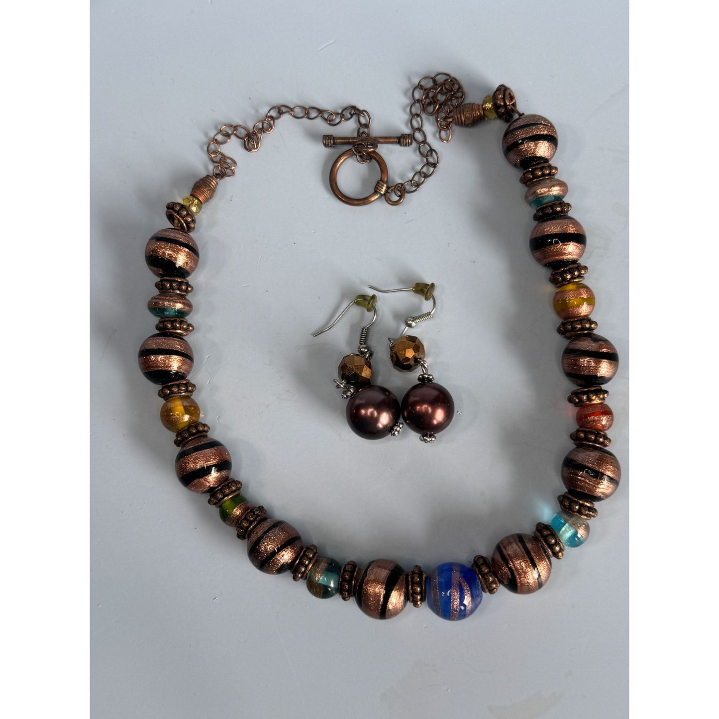 Copper Blue Green Orange Venetian Glass Beaded Necklace & Earrings Set