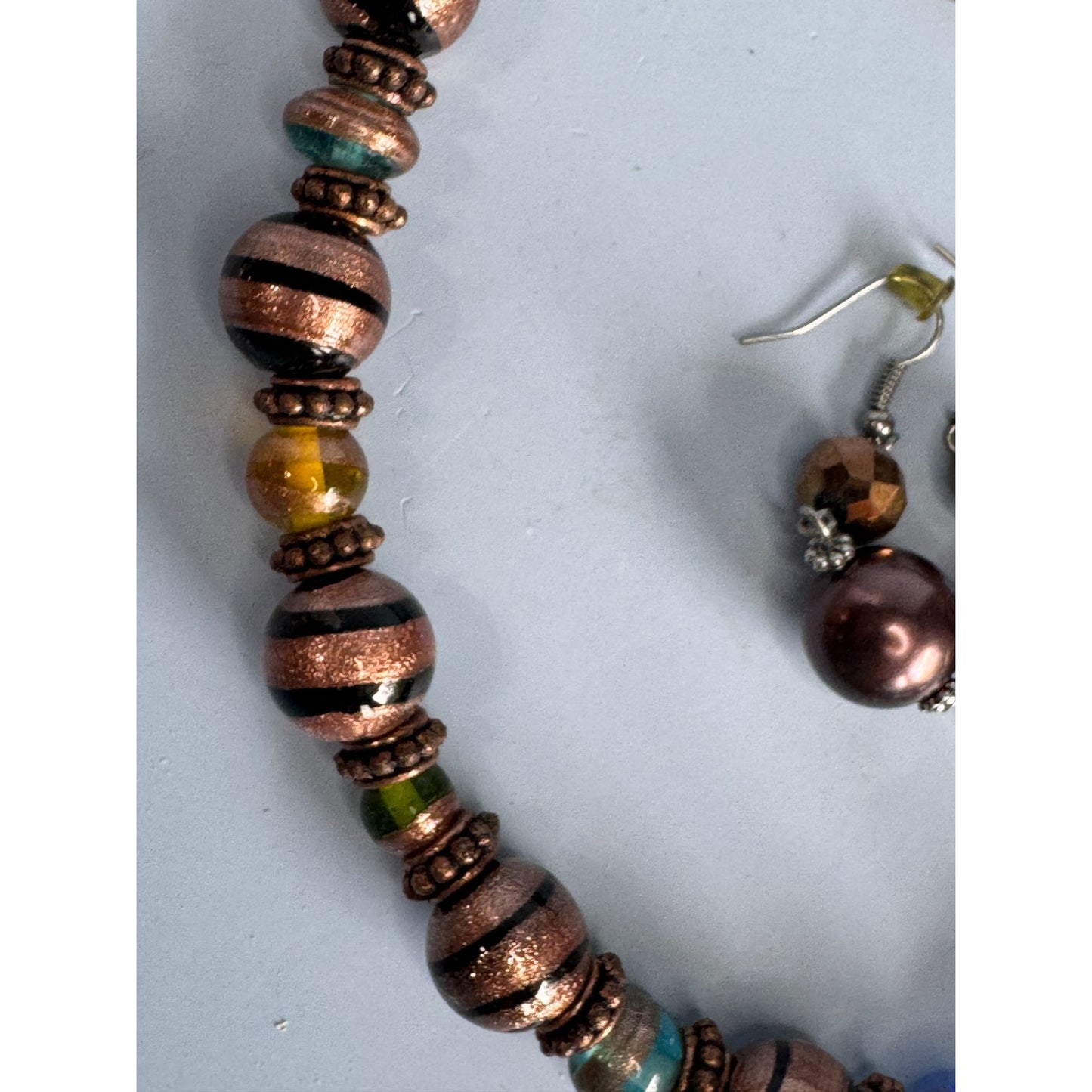 Copper Blue Green Orange Venetian Glass Beaded Necklace & Earrings Set