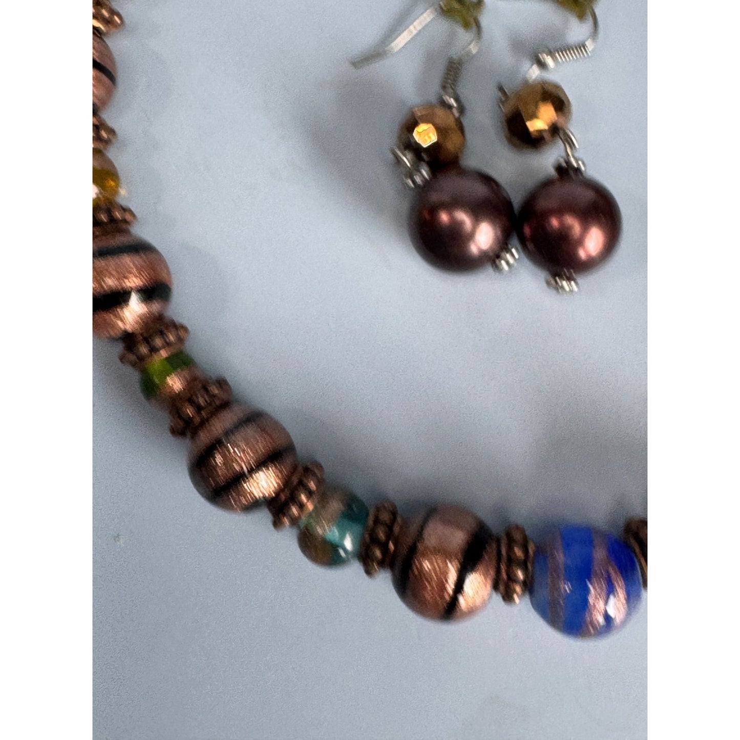 Copper Blue Green Orange Venetian Glass Beaded Necklace & Earrings Set