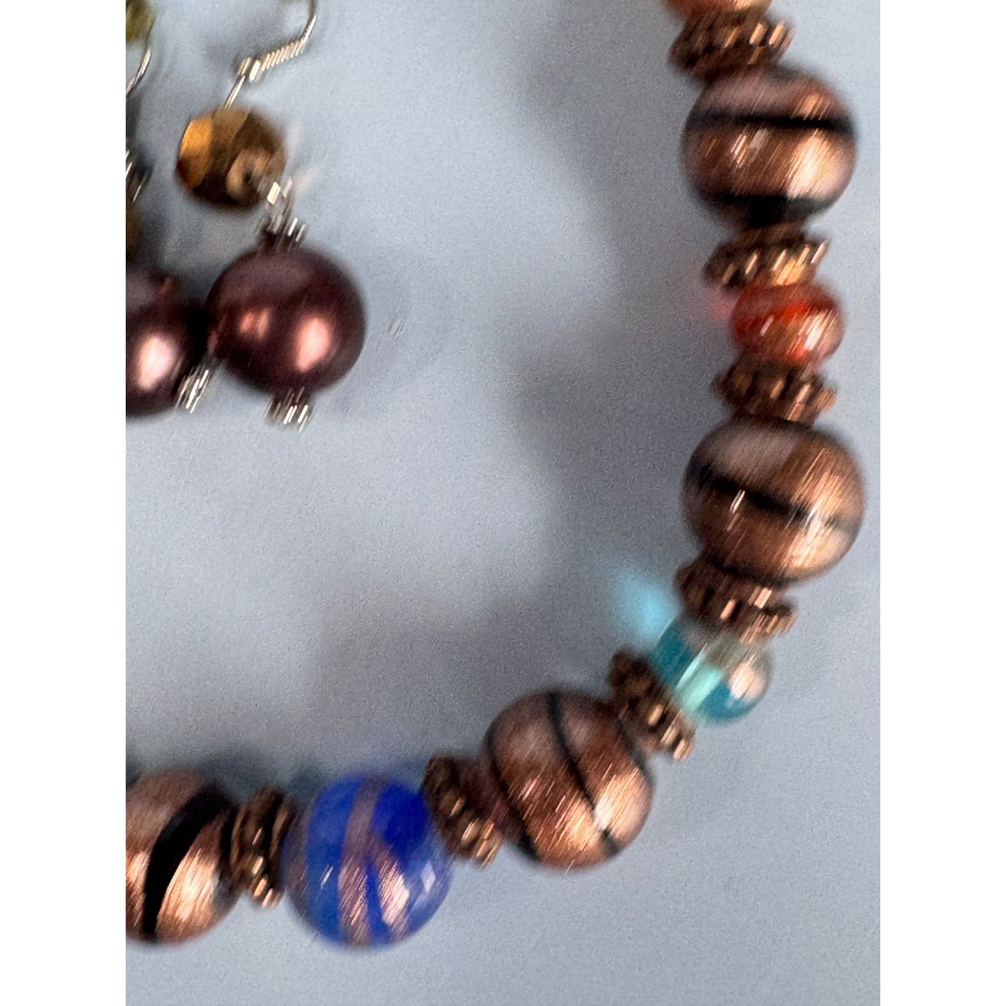 Copper Blue Green Orange Venetian Glass Beaded Necklace & Earrings Set