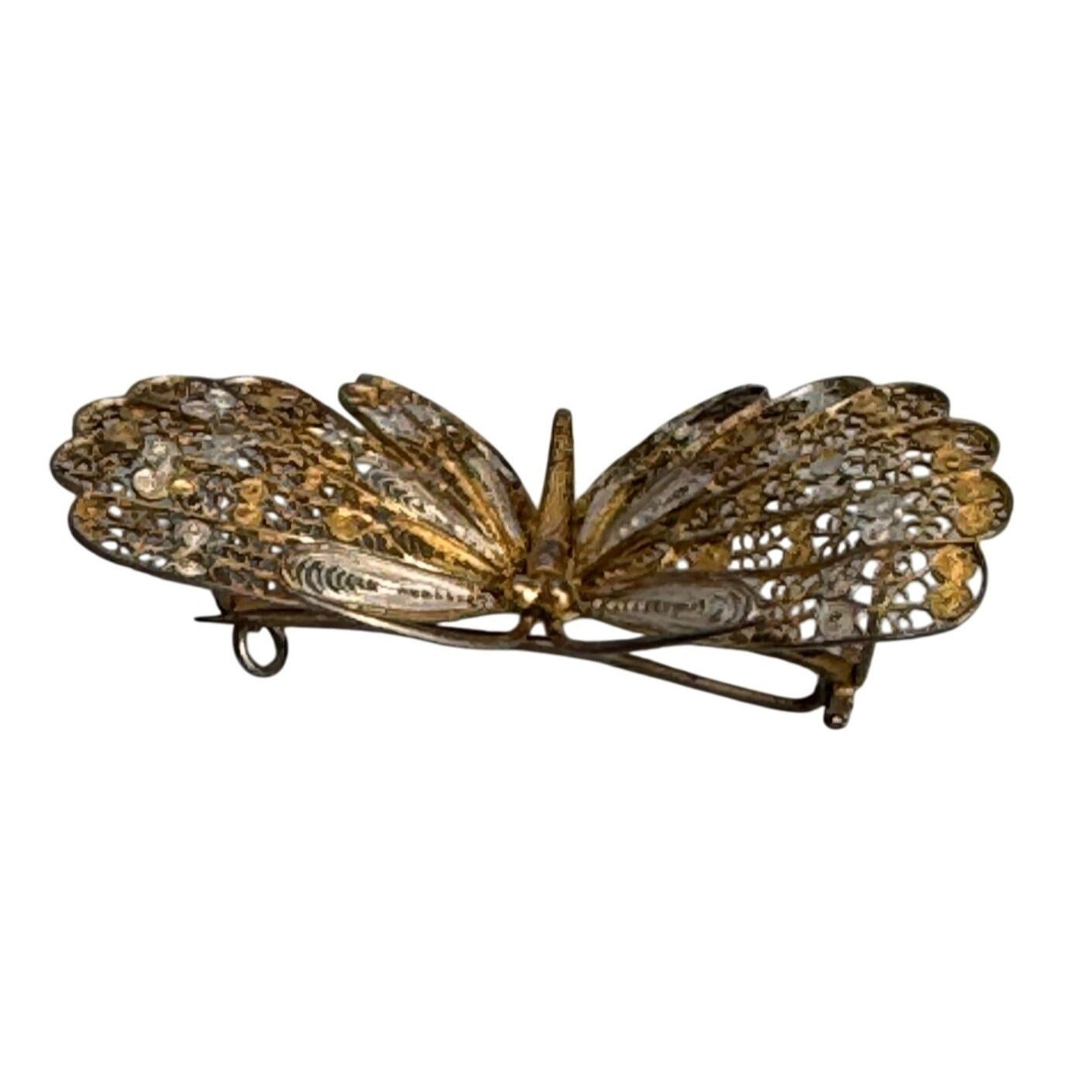 Antique 800 Gold & Silver Overlay Filigree Butterfly Pin Brooch Elegant Jewelry