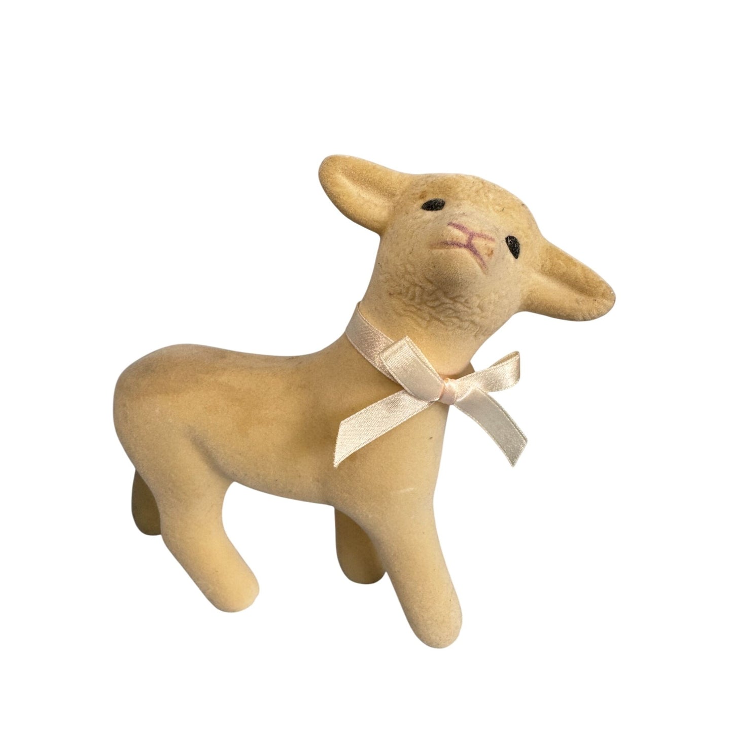Vintage Midcentury Flocked Lamb Figurine W/ Satin Bow 7.5"