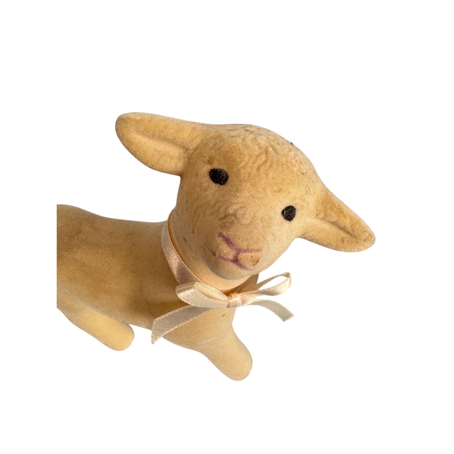 Vintage Midcentury Flocked Lamb Figurine W/ Satin Bow 7.5"