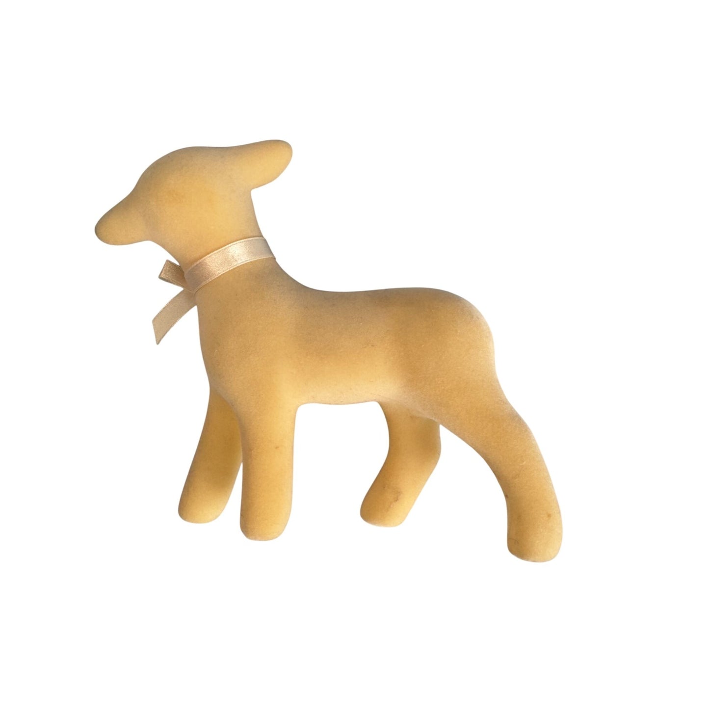 Vintage Midcentury Flocked Lamb Figurine W/ Satin Bow 7.5"