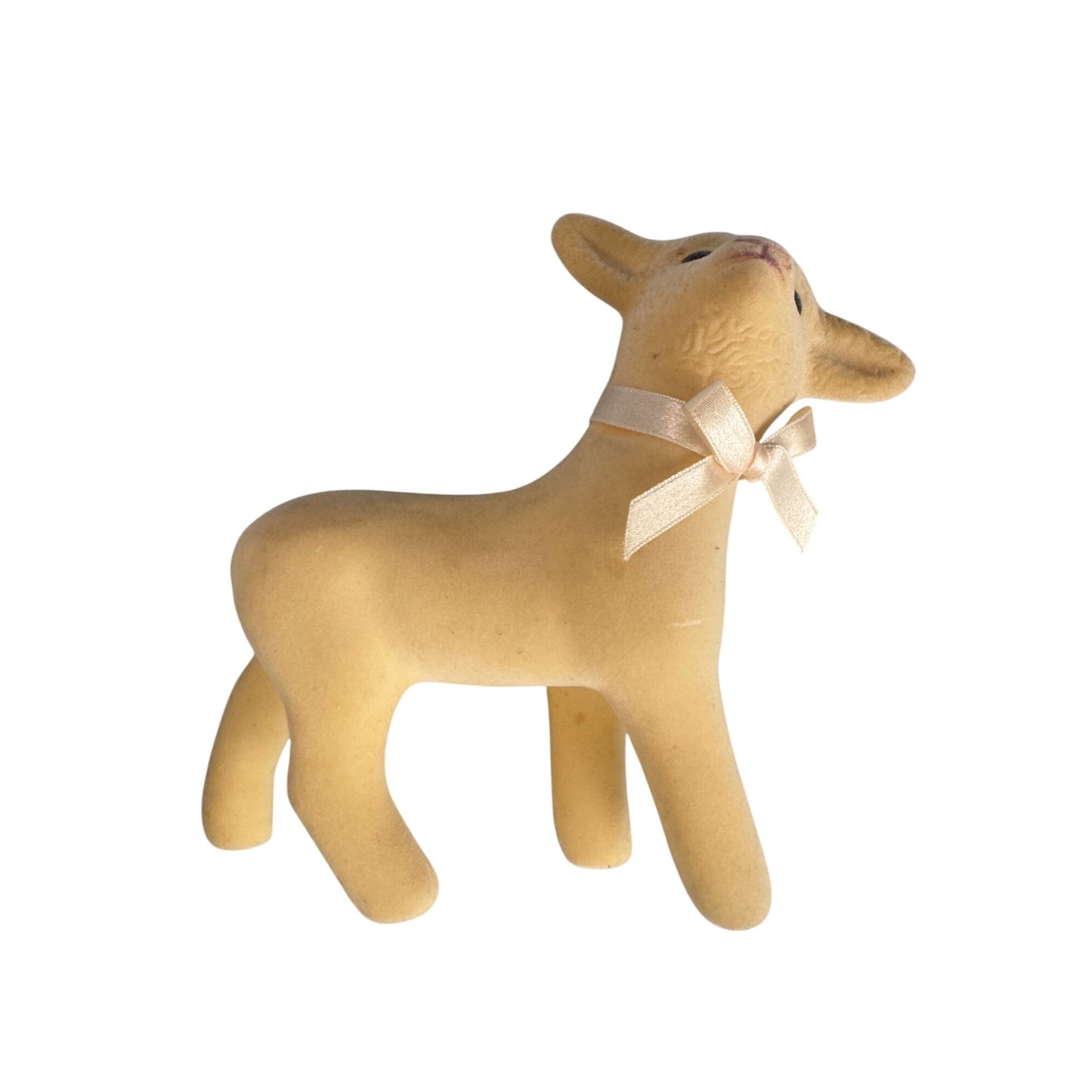 Vintage Midcentury Flocked Lamb Figurine W/ Satin Bow 7.5"