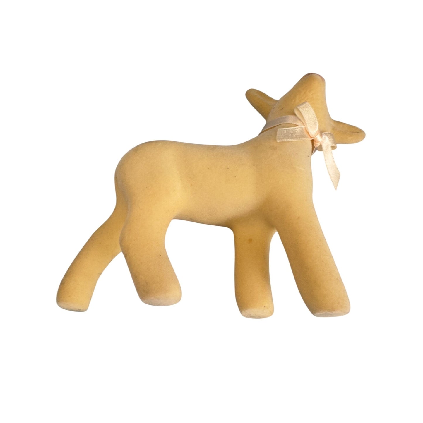 Vintage Midcentury Flocked Lamb Figurine W/ Satin Bow 7.5"