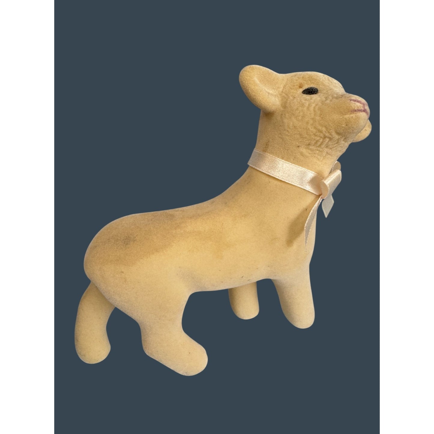 Vintage Midcentury Flocked Lamb Figurine W/ Satin Bow 7.5"