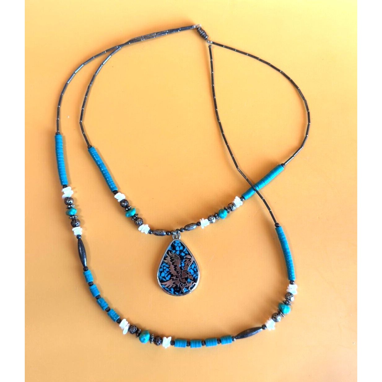 Southwestern Tribal Blue Howlite Peyote Bird Inlaid Pendant Multistrand Necklace