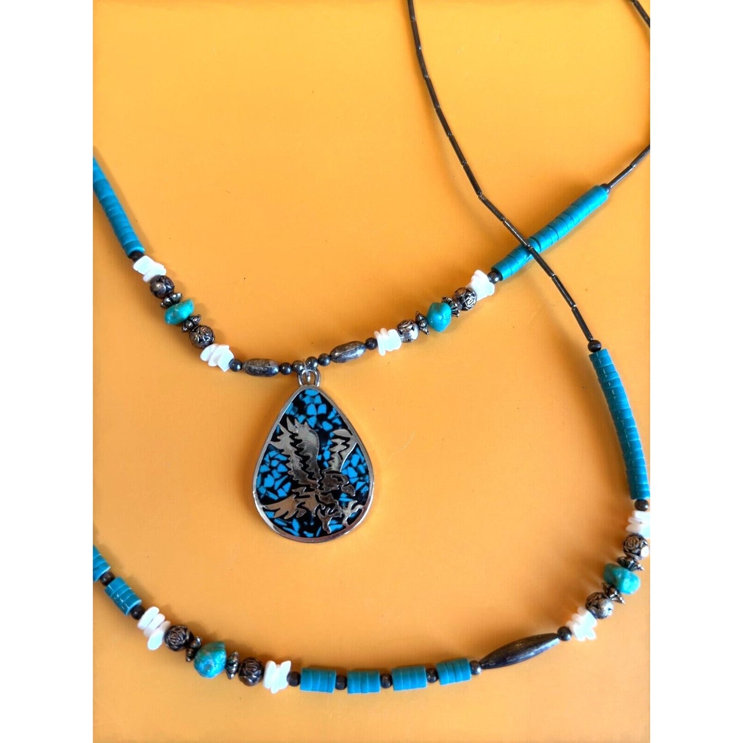 Southwestern Tribal Blue Howlite Peyote Bird Inlaid Pendant Multistrand Necklace