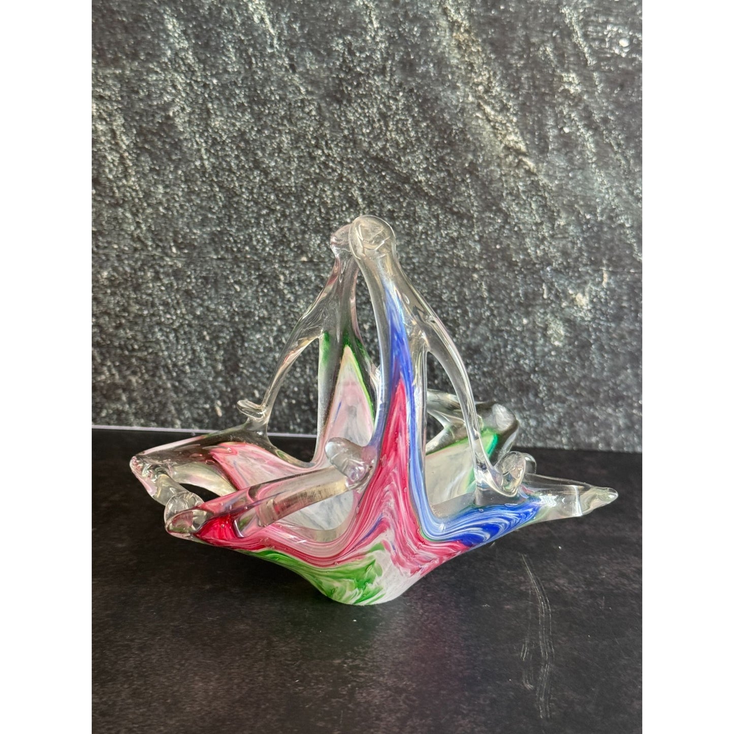 Murano Glass Basket Multicolor Swirled Design Decorative Art Glass 5" X 4.5" Handcrafted Italy