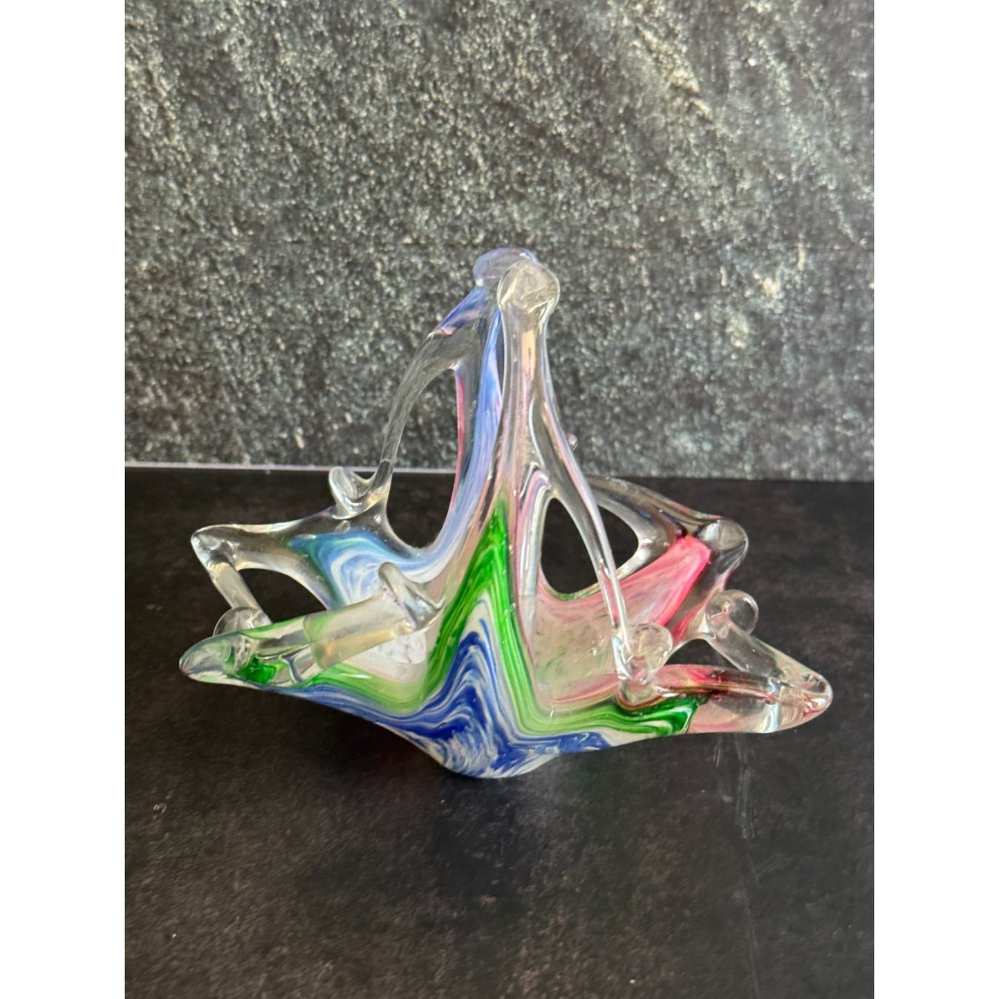 Murano Glass Basket Multicolor Swirled Design Decorative Art Glass 5" X 4.5" Handcrafted Italy