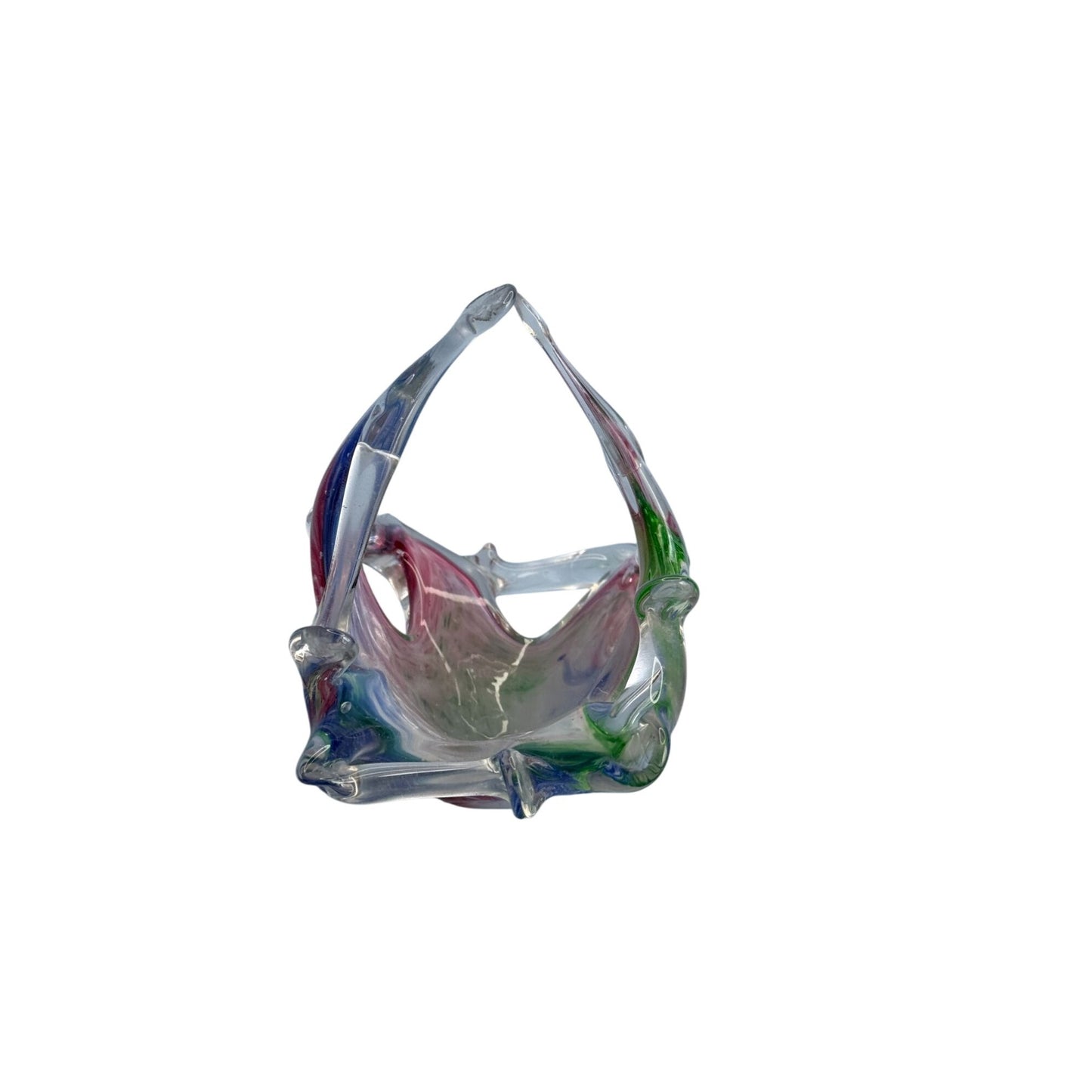 Murano Glass Basket Multicolor Swirled Design Decorative Art Glass 5" X 4.5" Handcrafted Italy