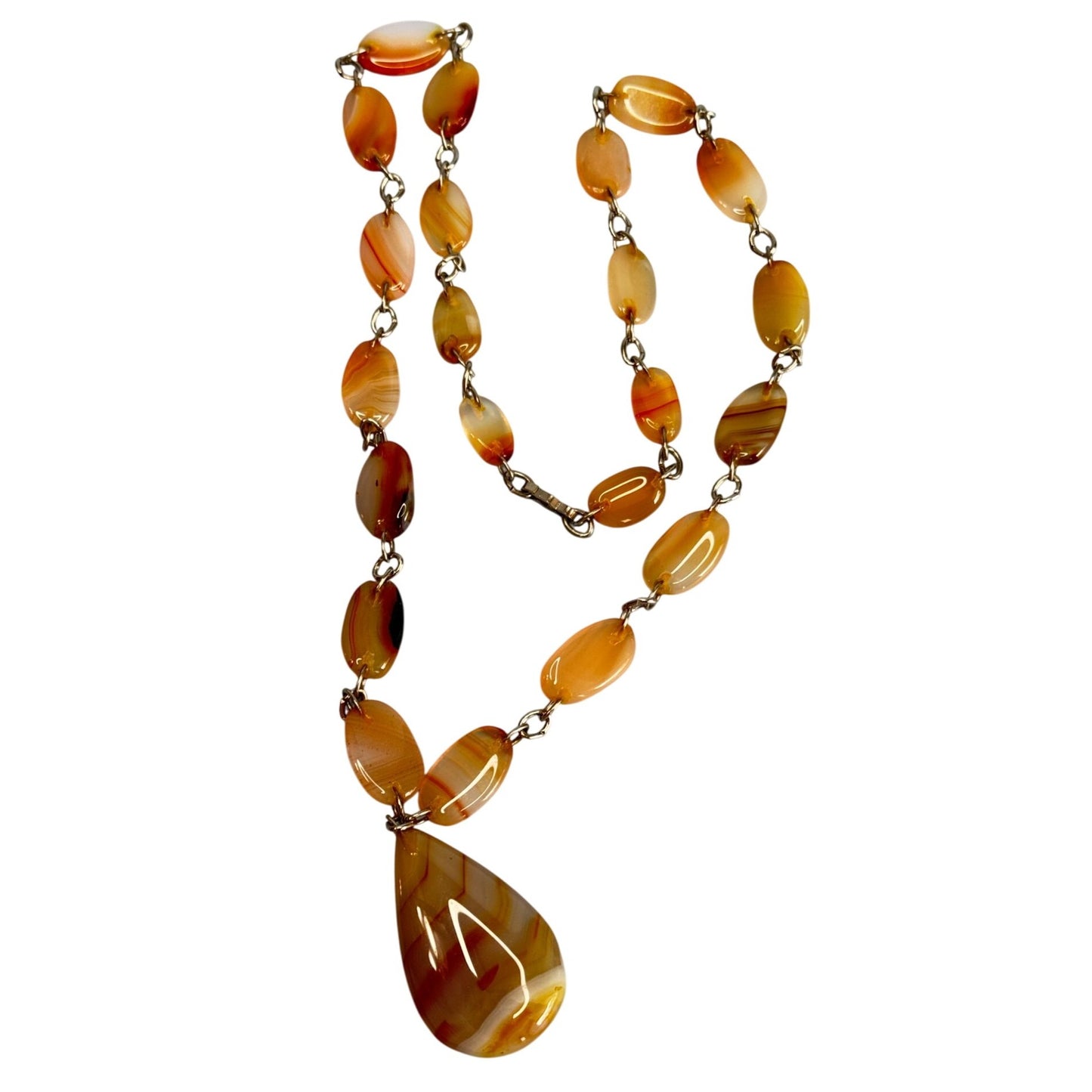Vintage Carnelian Agate Necklace with Teardrop Pendant Hand Cut Gemstone Beads