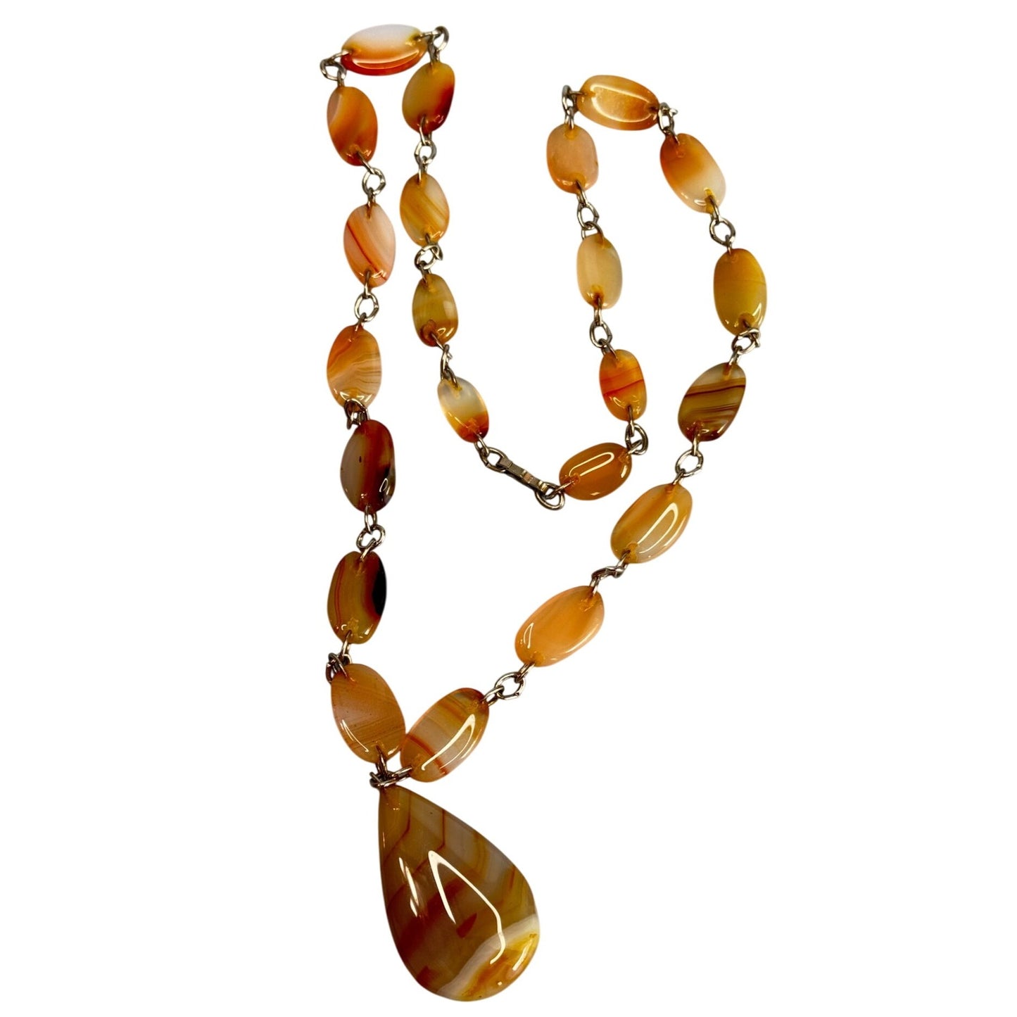 Vintage Carnelian Agate Necklace with Teardrop Pendant Hand Cut Gemstone Beads