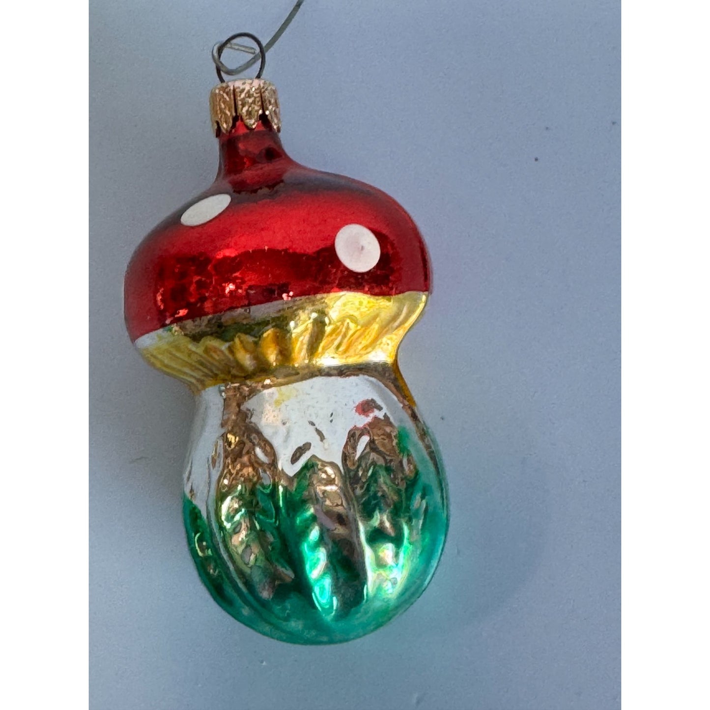 Vintage Blown Glass Red & Green Polka Dot Classic Mushroom Ornament 3" Columbia