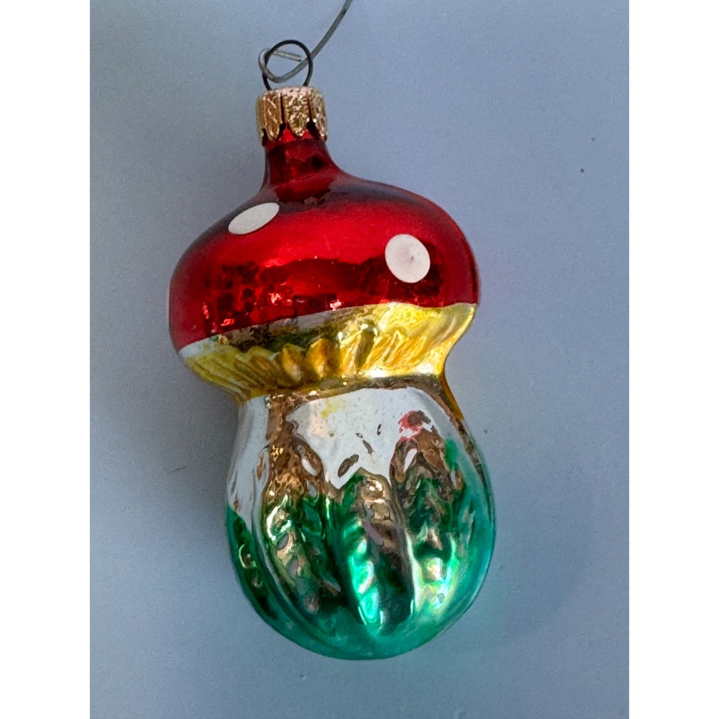 Vintage Blown Glass Red & Green Polka Dot Classic Mushroom Ornament 3" Columbia