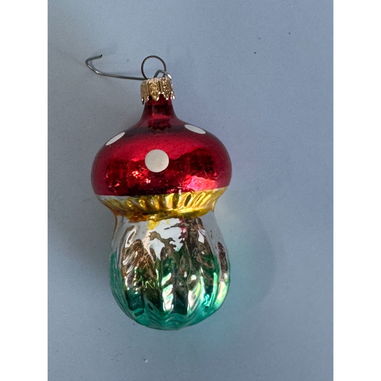 Vintage Blown Glass Red & Green Polka Dot Classic Mushroom Ornament 3" Columbia