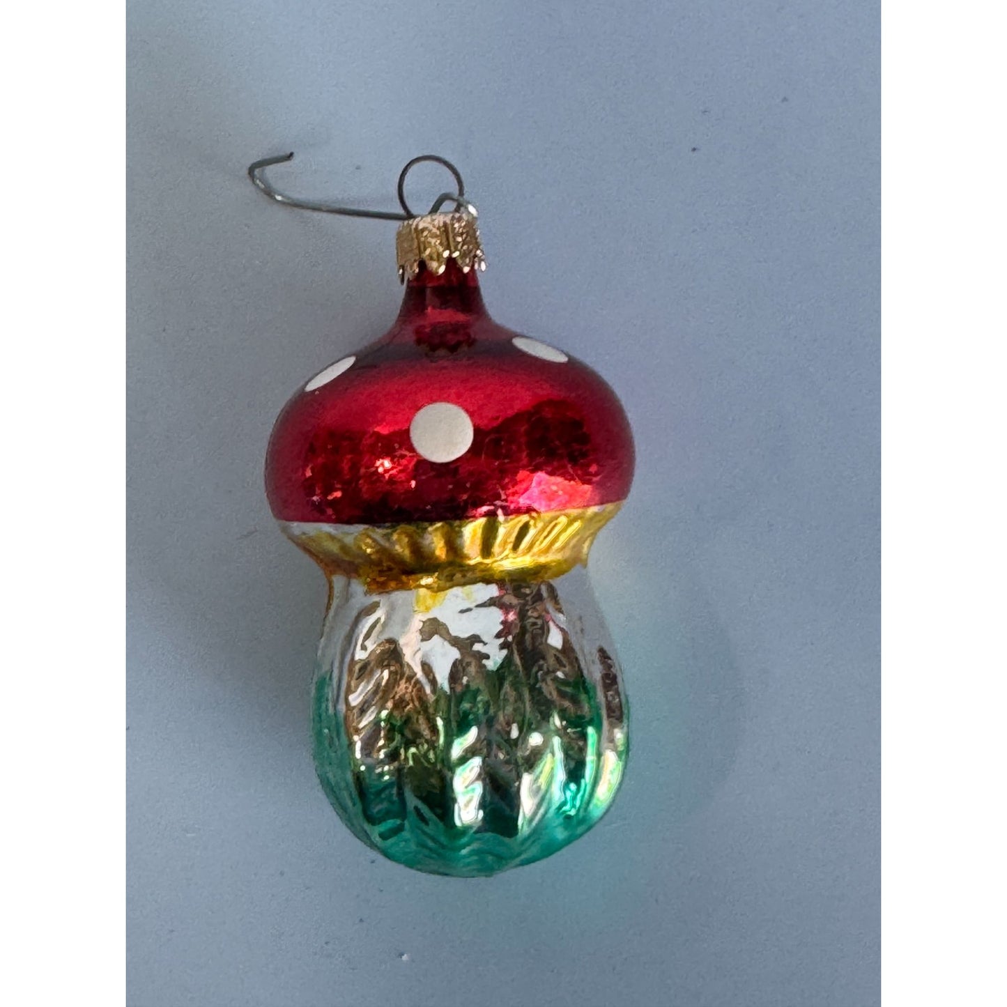Vintage Blown Glass Red & Green Polka Dot Classic Mushroom Ornament 3" Columbia