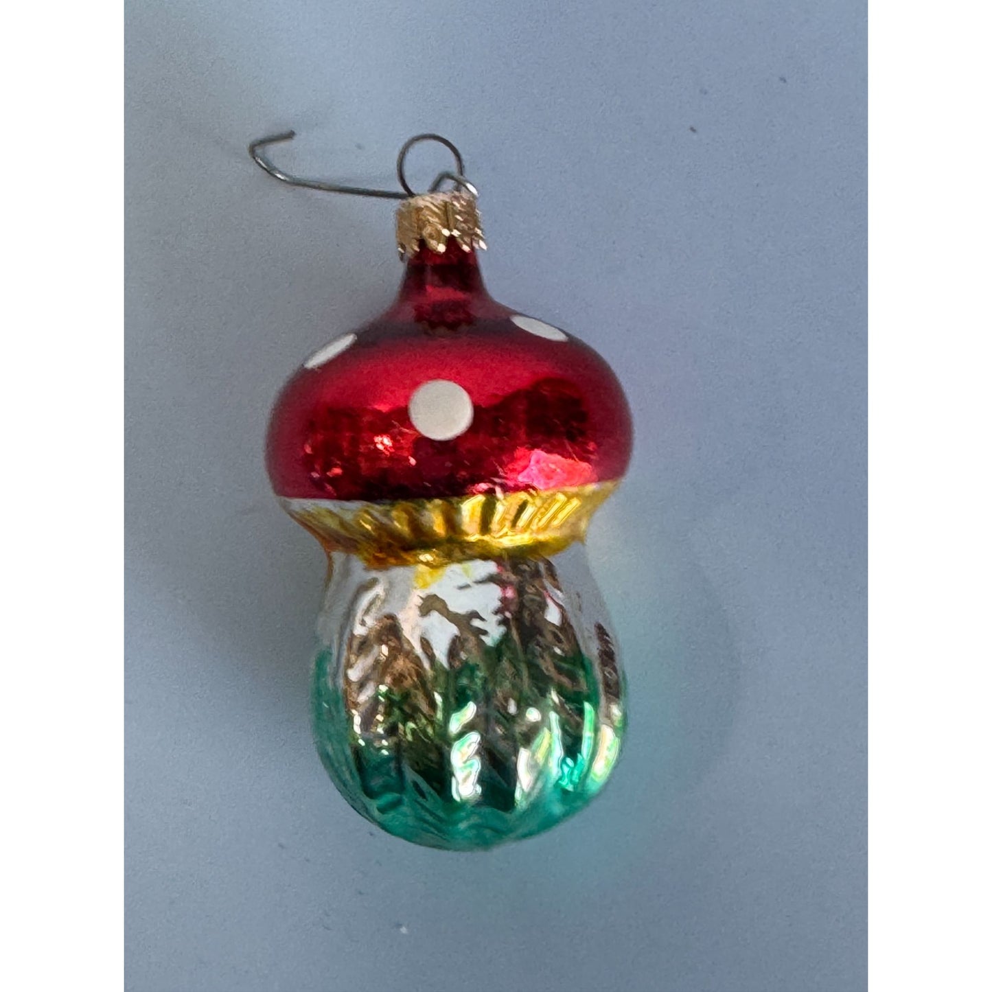 Vintage Blown Glass Red & Green Polka Dot Classic Mushroom Ornament 3" Columbia