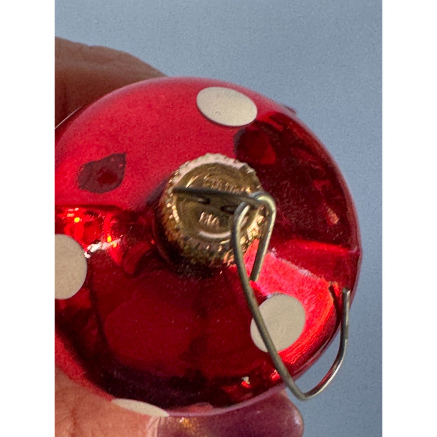 Vintage Blown Glass Red & Green Polka Dot Classic Mushroom Ornament 3" Columbia