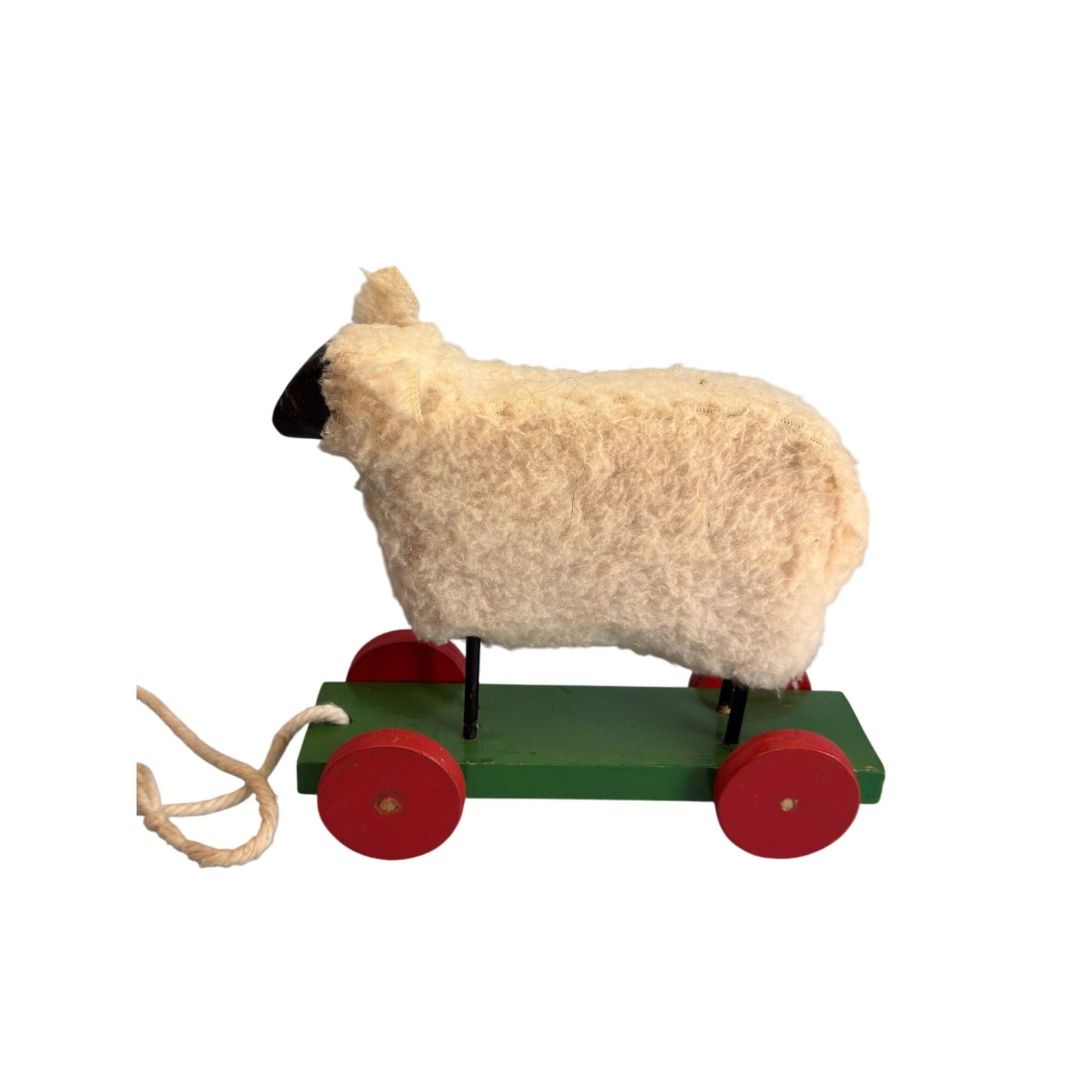 Vintage Pull Toy Sheep Wool Wooden Red Green Wheels 10 In Long 8 In High